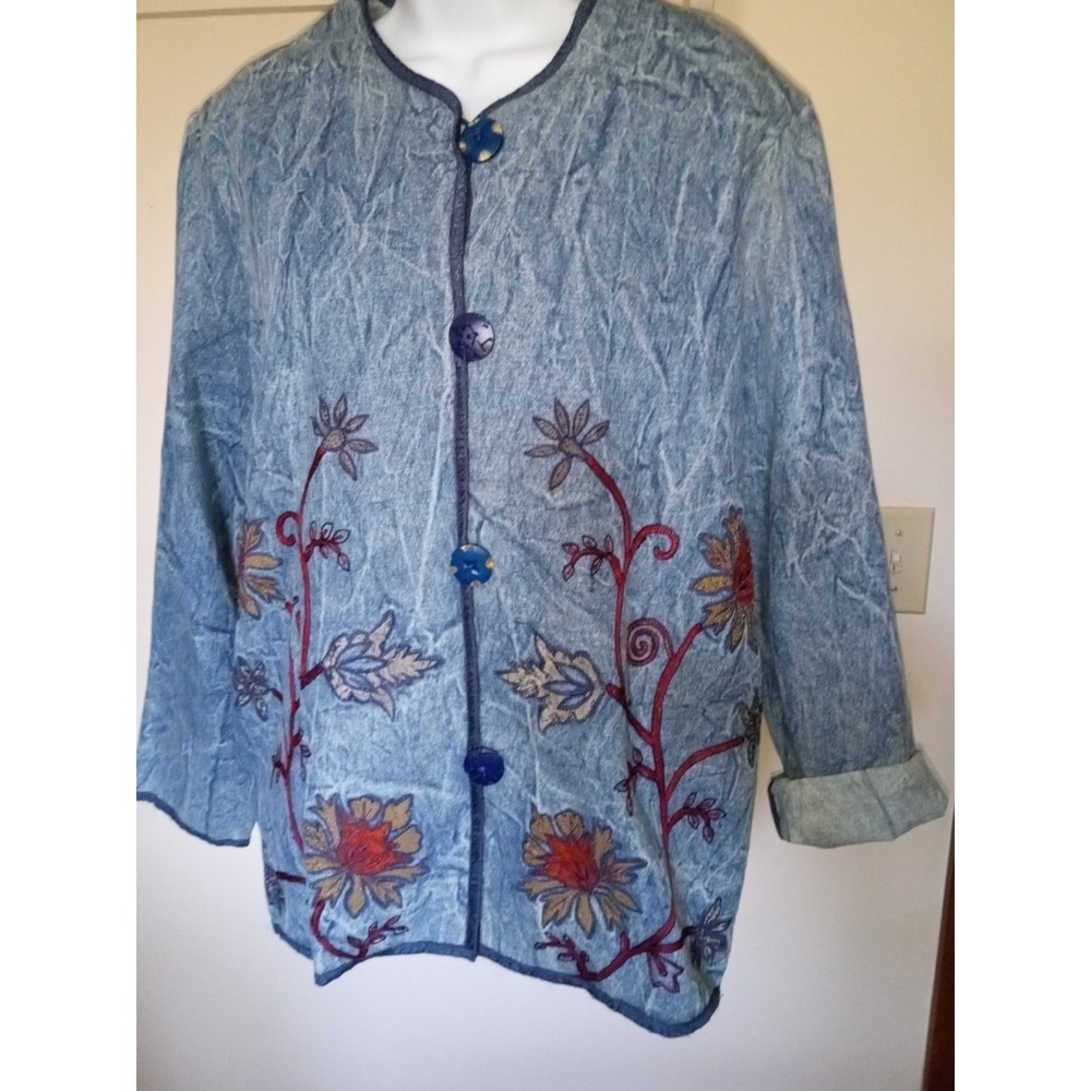 Boho Floral Embroidered Acid Wash Denim Look Button Front Jacket Blue Women L